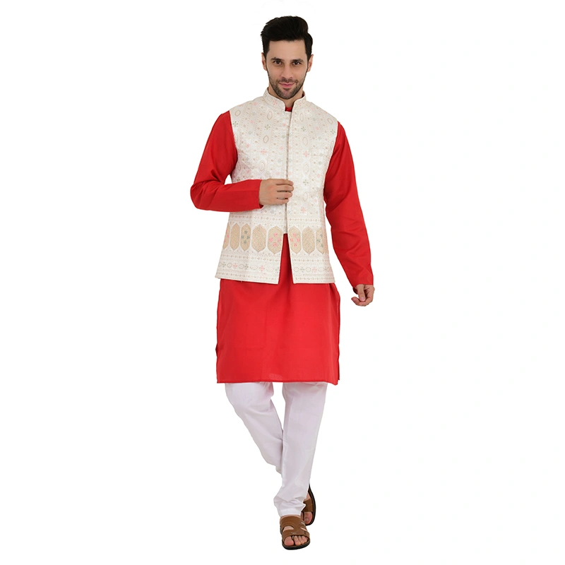 Male model in red kurta with white embroidered Nehru jacket and white pyjama - ethnic wear ecommerce photography by Lohar Studio Delhi